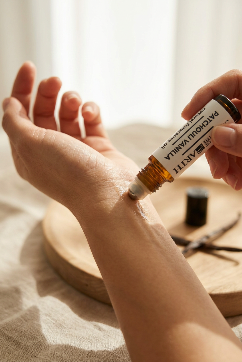 Applying Patchouli Vanilla fragrance oil to the wrist with a rollerball